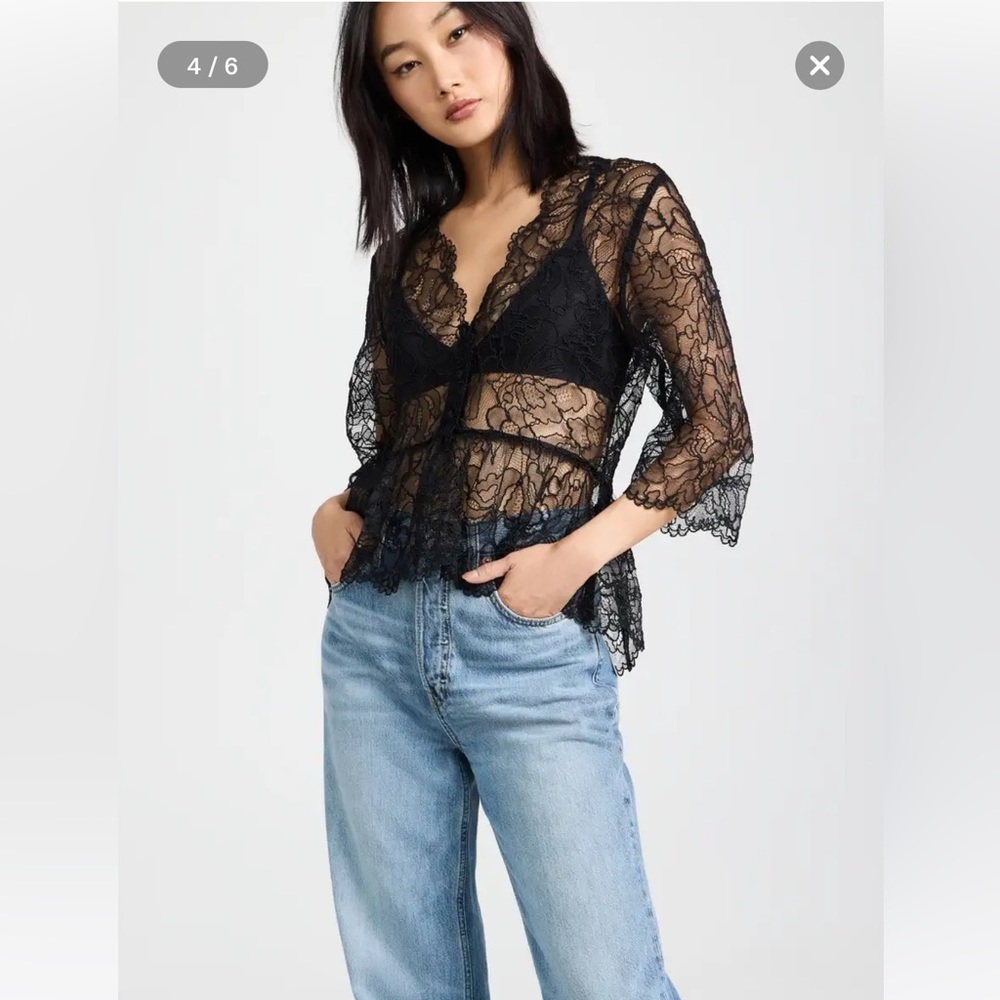GANNI LIGHT LACE V-NECK BLOUSE